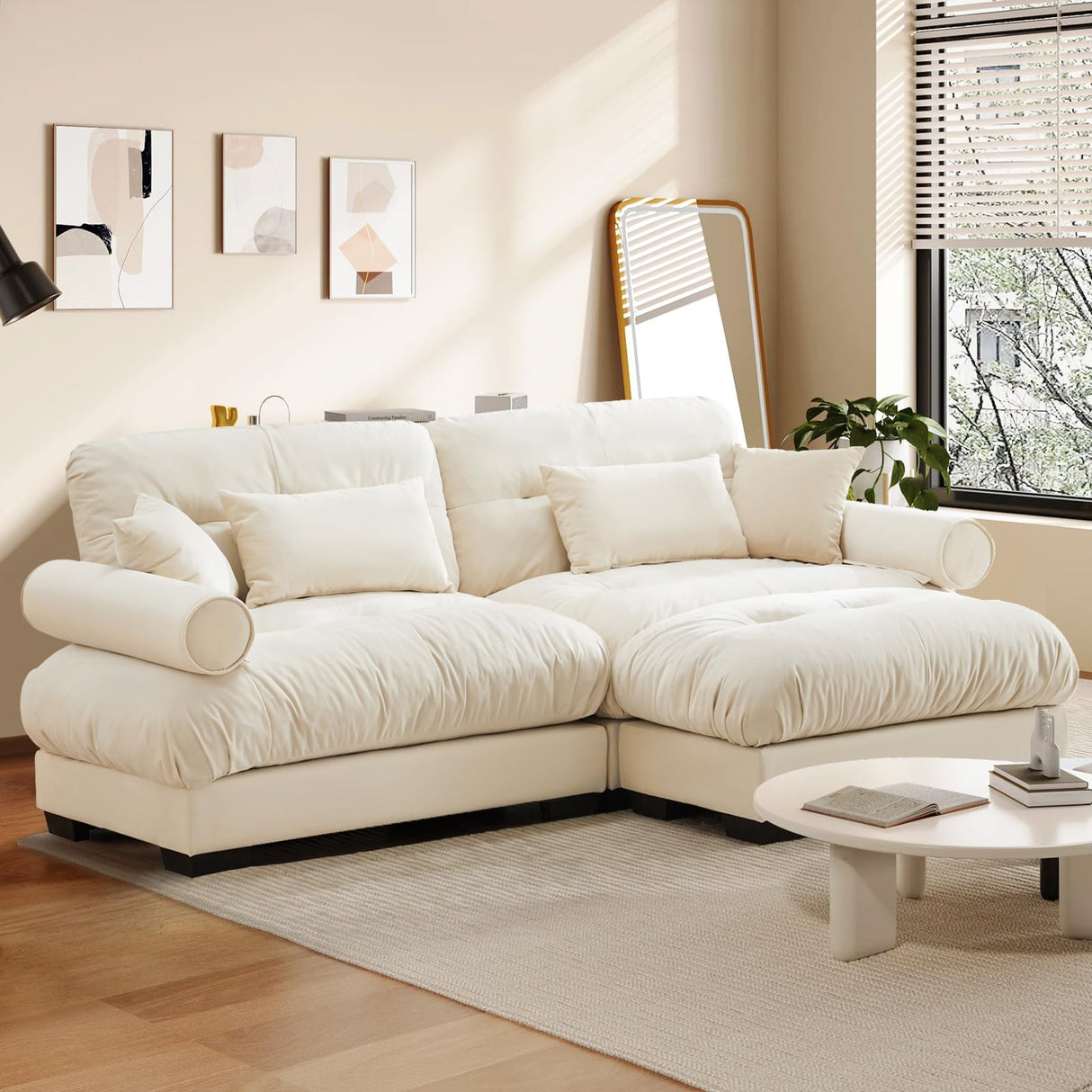 SoarTalent 93.7" Modern Oversized Modular Sectional Sofa 2-Seater Loveseat L-Shaped Cloud Couch with Ottoman,Pillows and Overthick Cushion for Living Room,Home Theater,Apartment,Velvet,Beige SoarTalent