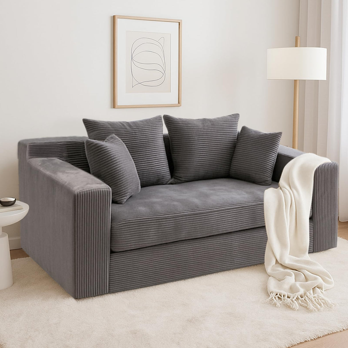 Convertible Sofa Bed, 3 in 1 Loveseat Folding Couch Bed Foldable - Boneless Couch & Floor Futon Sleeper, Corduroy Pull Out Sofa Bed with 4 Pillows for Living Room, Grey cidludto