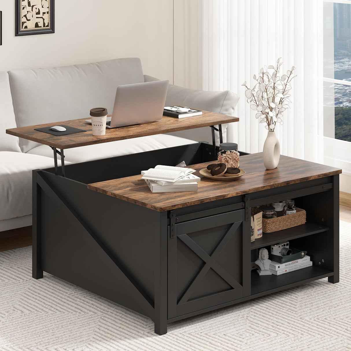 PUKAMI Lift Top Coffee Table with Storage, 31.5" Farmhouse Coffee Table for Living Room, Square Coffee Tables with Large Hidden Storage and Sliding Barn Doors, Black PUKAMI