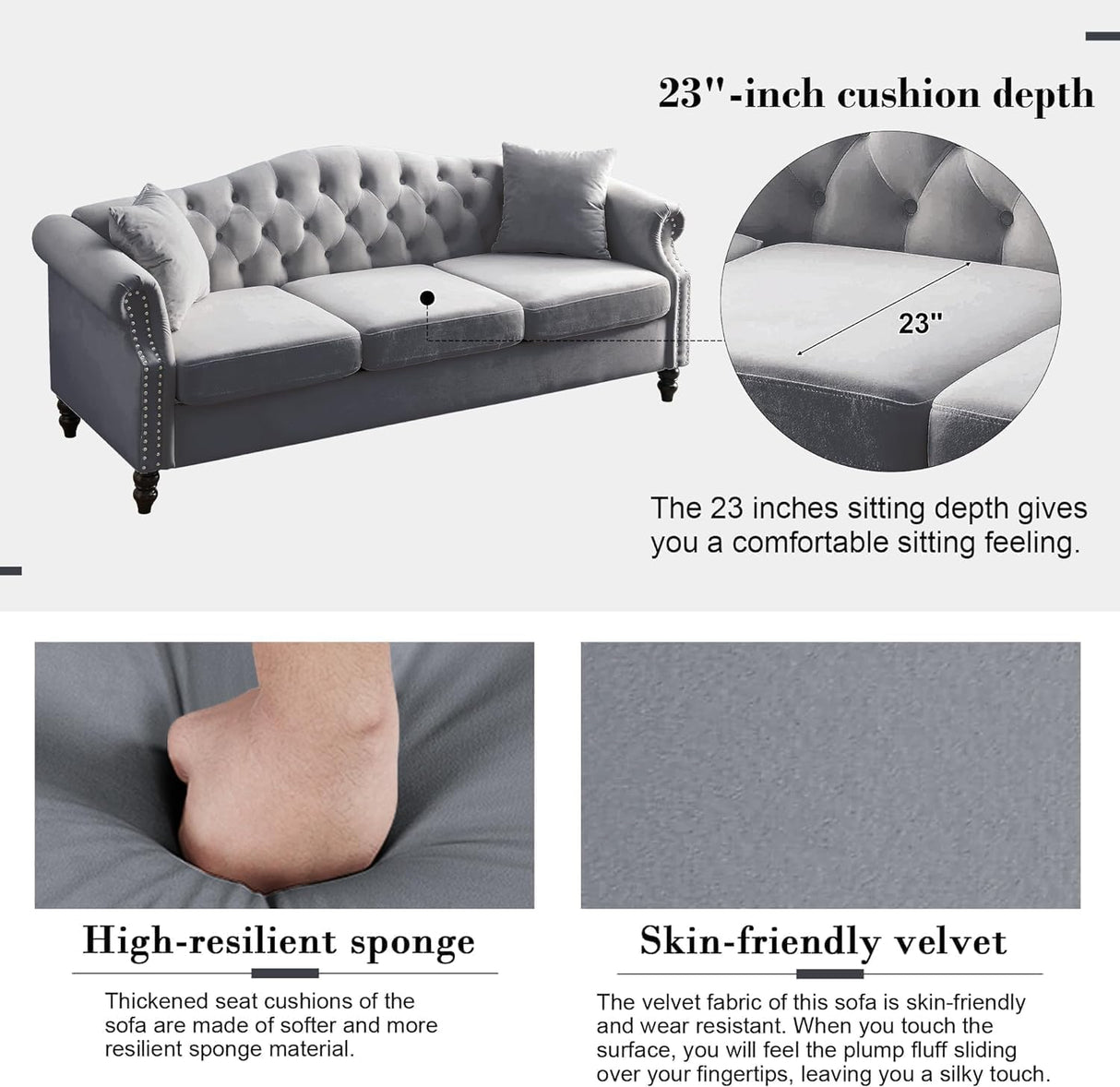 ATUMON 79" Chesterfield Velvet Couch for Living Room, 3-Seater Tufted Sofa with Rolled Arms Nailhead & Two Pillows for Bedroom, Office & Coffee Bar, Gray ATUMON