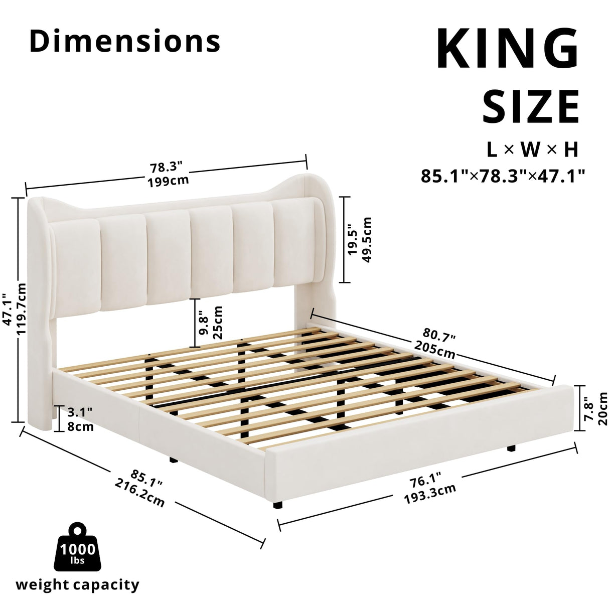 LIKIMIO Cream Floating King Bed Frame with Cat Ear Headboard & LED Lights LIKIMIO
