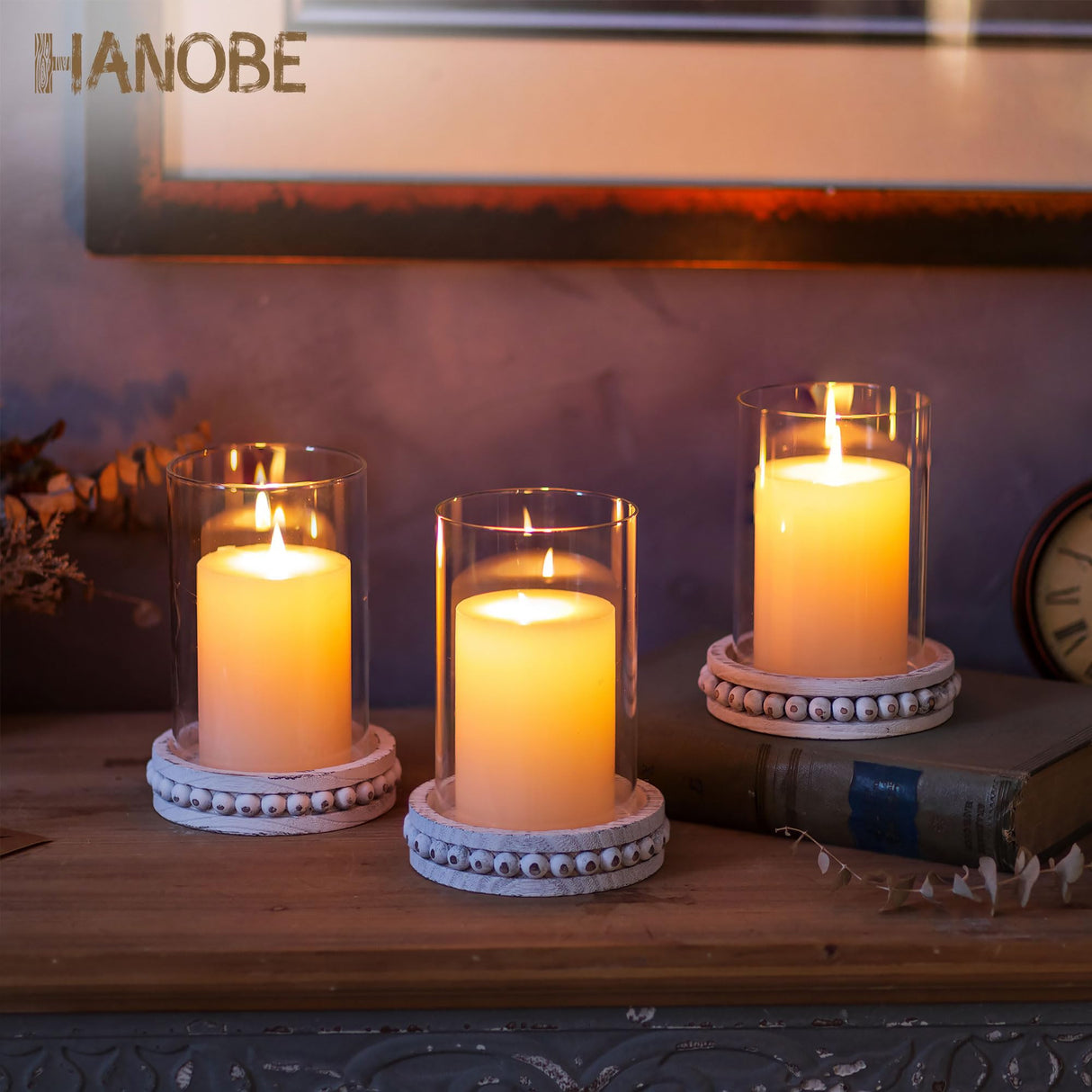 Hanobe Wood Plate Candle Holder: Small Candle Plate Set of 3 Decorative White Washed Beaded Candle Tray Round Candle Stick Holders Farmhouse Table Centerpiece for Fireplace Dining Room Home Decor Hanobe