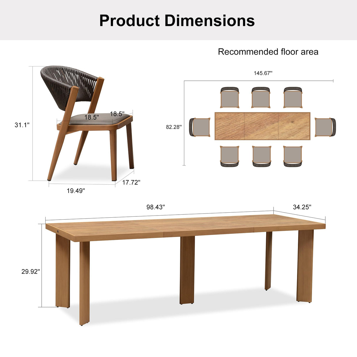 PURPLE LEAF 8-Piece Patio Dining Set Outdoor Furniture Rectangular Table and Chairs Set with Aluminum Frame and Teak-Finish for Garden Deck Backyard Kitchen Deep Teak Outdoor Set PURPLE LEAF