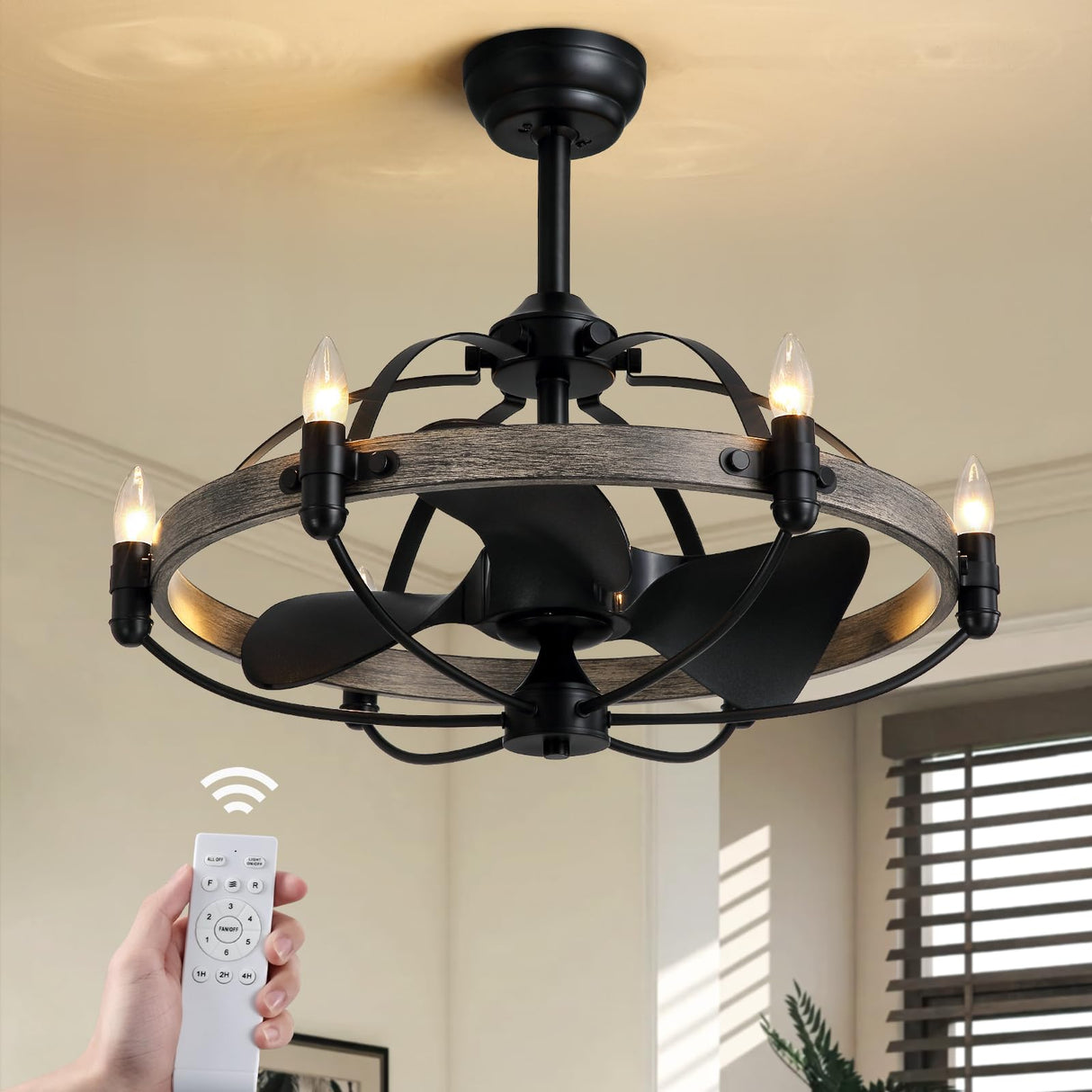 MOOONICHE 27'' Farmhouse Cage Ceiling Fan with Light Remote Control, Ash Brown Rustic Ceiling Fan with Lights,Vintage Chandelier Fan for Kitchen Dining Room Living Room MOOONICHE