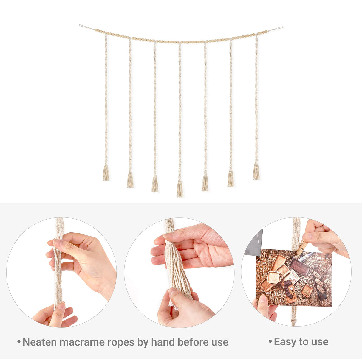 Mkono Macrame Hanging Photo Display Wall Decor with String Lights, Boho Wooden Beads Garland Collage Picture Card Frame Holder with 45 Clips for Bedroom Living Room Dorm, Teen Girls Christmas Gifts Mkono