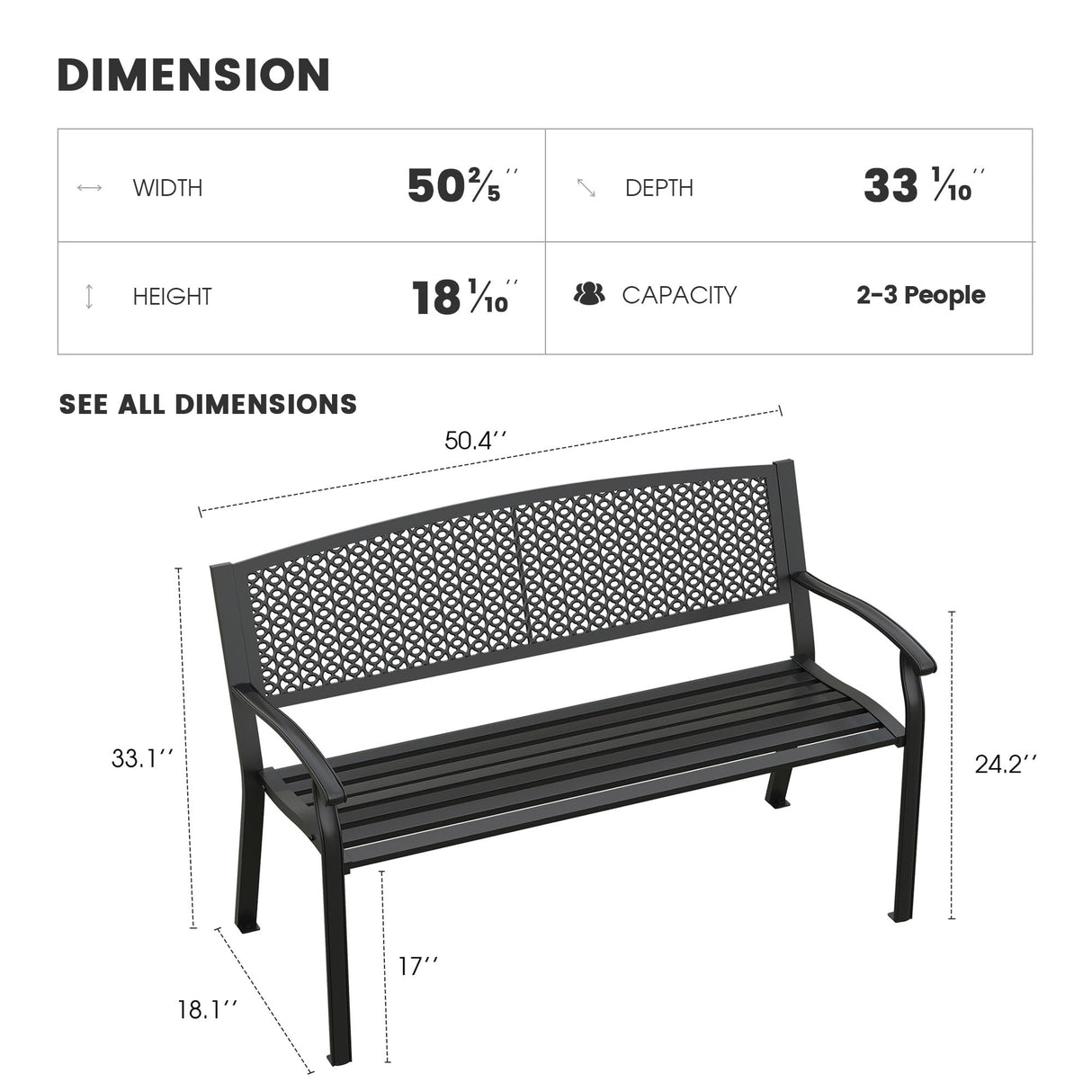 VOXBIN Outdoor Bench, 50 inches Metal Garden Bench, Cast Iron Steel Frame Patio Chairs w/Oval Pattern Backrest for Park, Yard, Porch, Lawn, Balcony, Backyard, Black VOXBIN