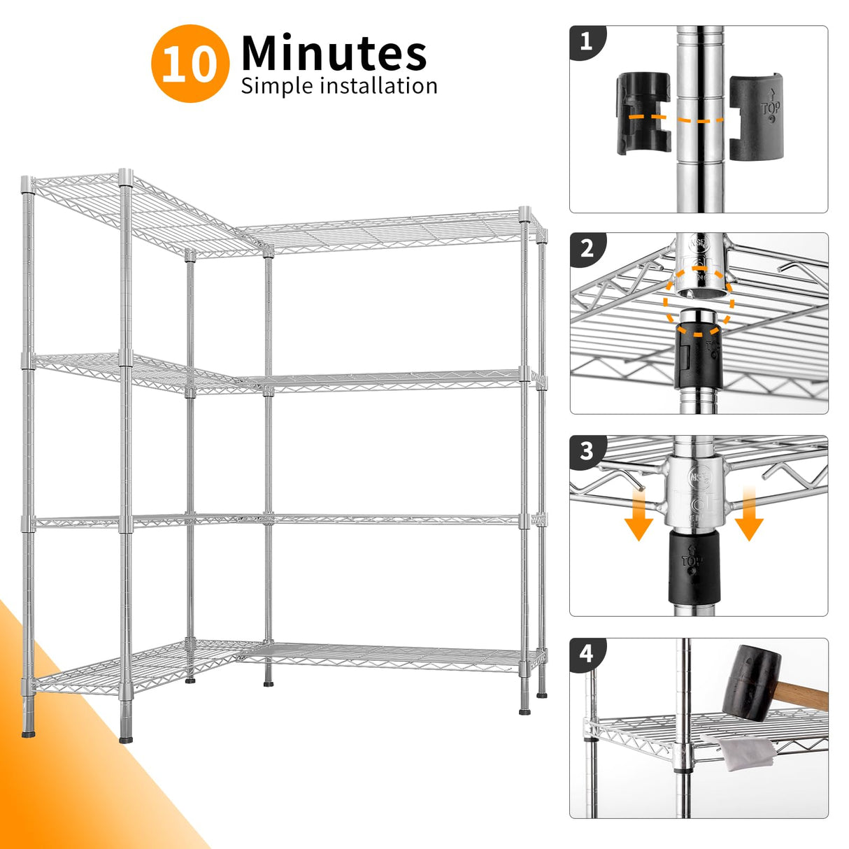 58''W*59.06''H*13.8" D L Shaped Adjustable Storage Shelves, 58''W 4 Tier Standing Shelf Unit, 1200LBS Metal Shelving for Storage, Heavy Duty Garage Shelf Pantry Rack Shelves Kitchen Shelving SESAISHEIR