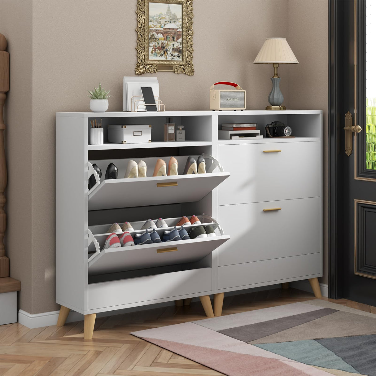 Gyfimoie Shoe Storage Cabinets, Free Standing Shoe Organizer with 2 Flip Drawers for Entryway, Narrow 3 Tier Entryway Hidden Shoe Rack with Doors (Off White) Gyfimoie