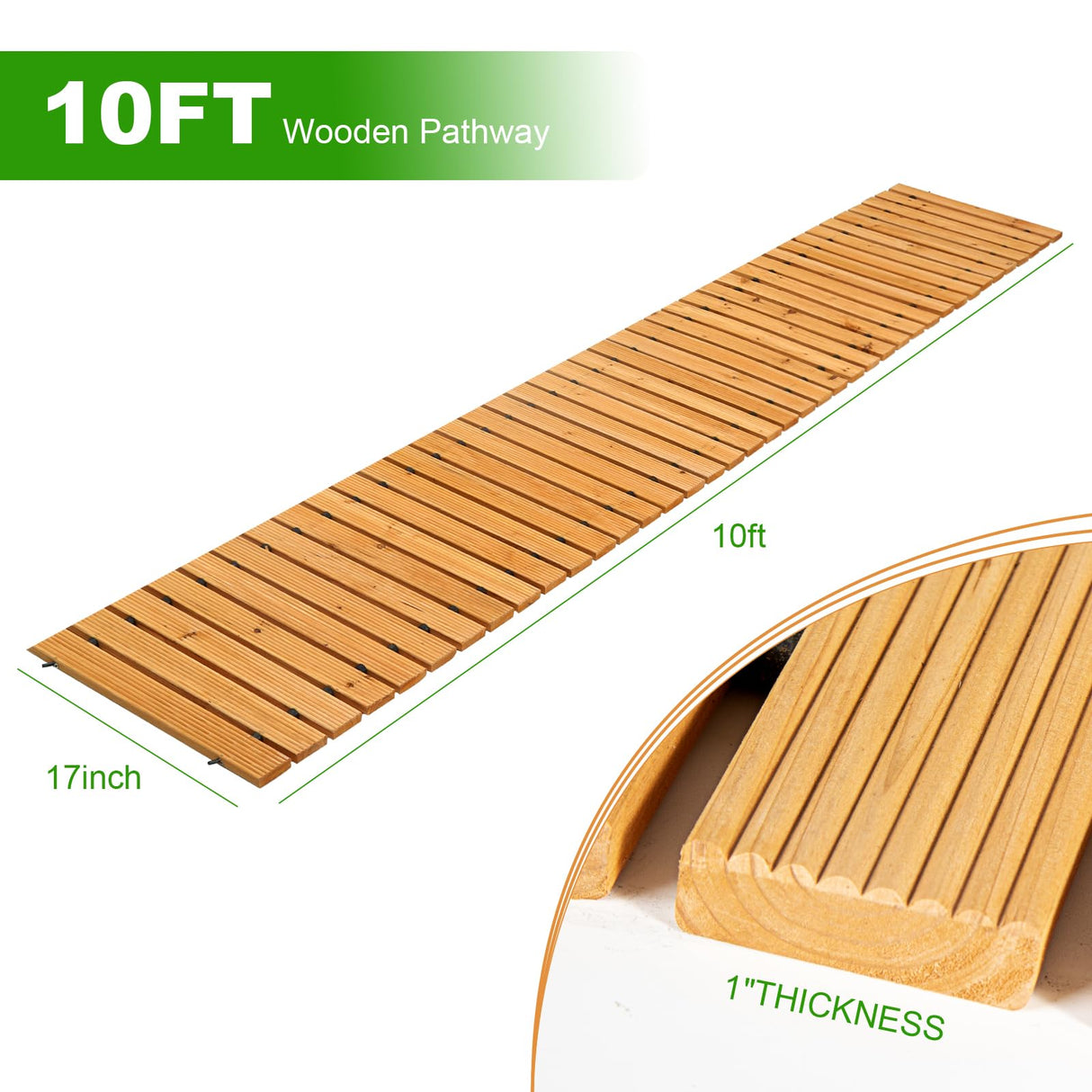 LINSHRY 10FT Wooden Garden Pathway, Outdoor Roll Out Decorative Garden Walkway, Weather-Resistant Non-Slip Hardwood Walkway Pavers for Garden, LINSHRY