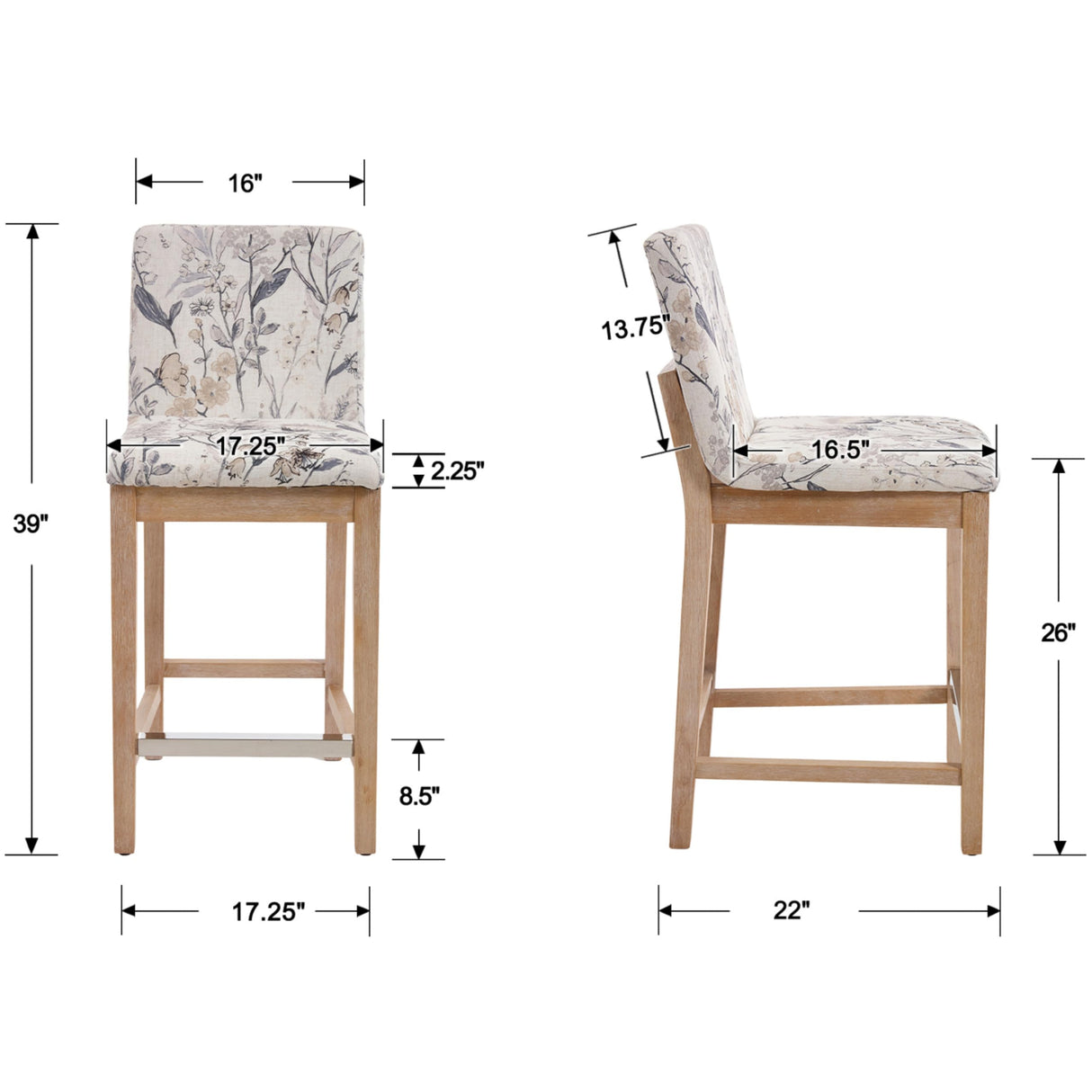 Kmax 26 Inch Bar Stools Set of 2, Farmhouse Upholstered Bar Stools with Back Support Rustic Wooden White Armless Barstools for Bar Club Pub - Linen, Floral Pattern Kmax