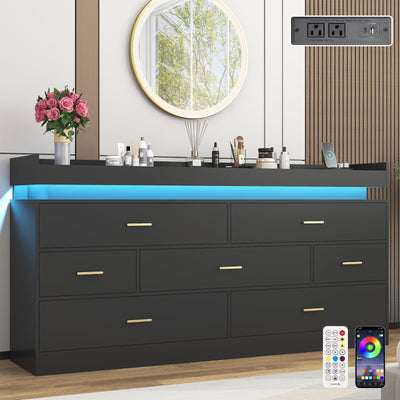 7 Drawer Dresser with LED Light and Charging Station, 63" Modern Chest of Drawers for Closet, Wide Drawer Organizer Cabinet for Bedroom, Living Room, Entryway, Hallway, Black