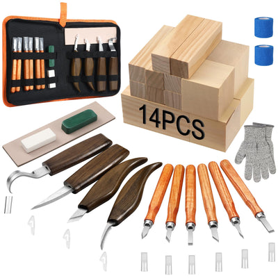 KINGBRO 42PCS Wood Carving Kit for Beginners,14 Basswood, Wood Whittling Kits for Beginner and Kids, Wood Carving Tools with Safety Protection. 10pcs Wood Carving Knife with 14pcs Wood Block.