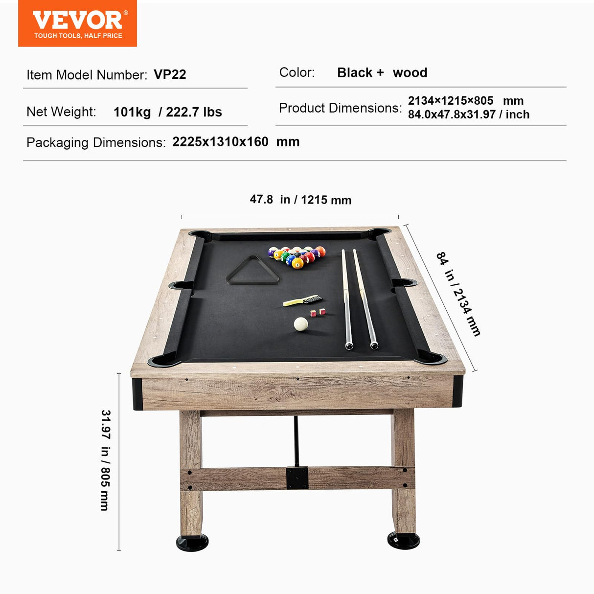 VEVOR Billiards Table, 7 ft Pool Table, Adjust Legs Stable Billiards Table, Pool Table Set Includes Balls, Cues, Chalks and Brush, Wood Color with Black Cloth, Perfect for Family Game Room Kids Adults VEVOR