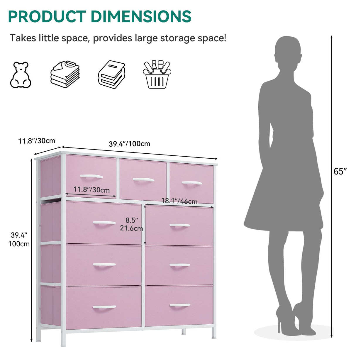 YITAHOME Dresser for Bedroom with 9 Drawers, Fabric Storage Dresser, Closet Dresser & Chest of Drawers for Living Room, Closets - Sturdy Steel Frame, Wooden Top & Easy Pull Fabric Bins(Pink) YITAHOME