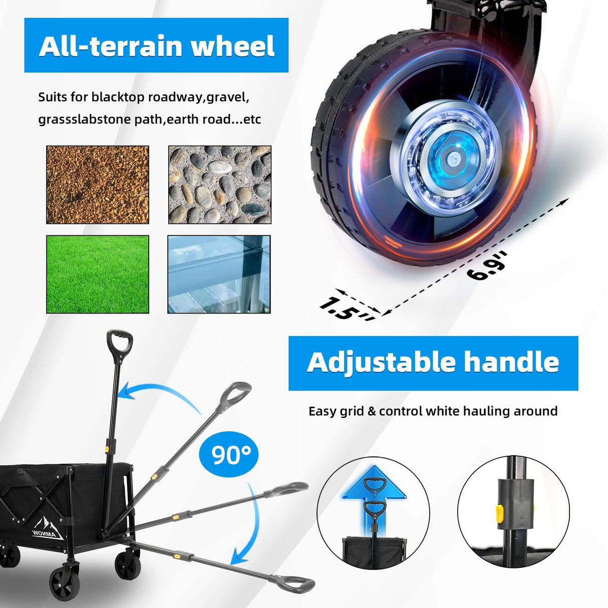 Collapsible Folding Beach Wagon Cart, Utility Large Capacity Cart Foldable Wagon with All Terrain Wheels, Grocery Wagon Cart for Garden Shopping Sports Camping, Black AMNOW