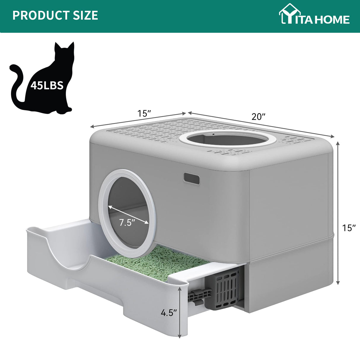YITAHOME Large Enclosed Cat Litter Box with Lid Cover, Hooded Odorless Anti-Splashing Cat Toilet with Drawer Litter Scoop Front Entry Top Exit Door, Easy to Install and Clean YITAHOME