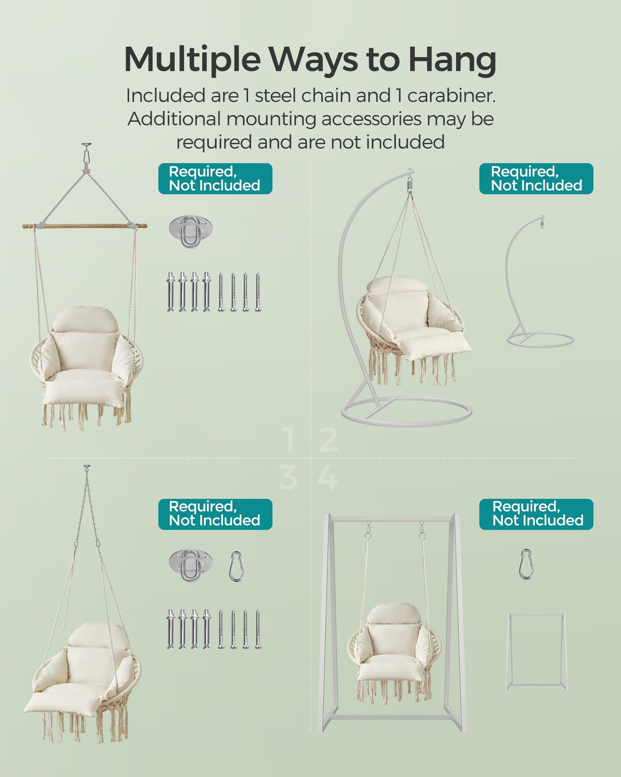 SONGMICS Hanging Chair, Hammock Chair with Large, Thick Cushion, Boho Swing Chair for Bedroom, Patio, Balcony, Garden, Holds up to 264 lb, Accessories Included, Cream White UGDC042M01 SONGMICS