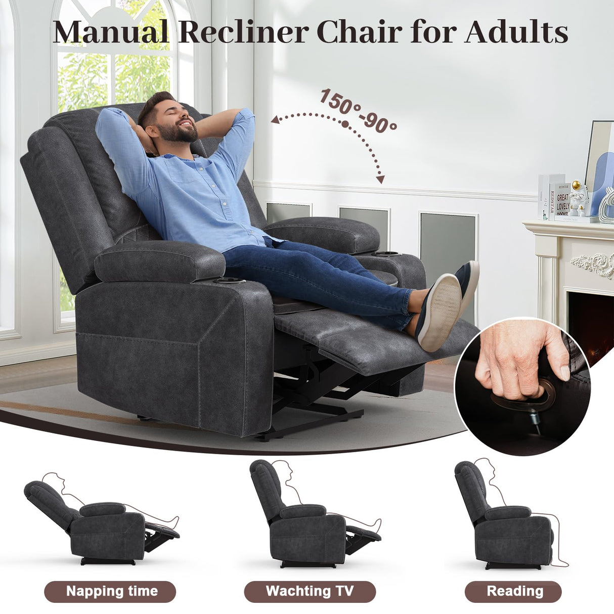 Yolsali Recliner Chairs for Adults, Oversize Manual Reclining Chair with 2-Tier Cushions, Dutch Velvet Recliner Chair with Hidden Storage Space, Living Room Recliner Chairs with Cup Holders - Grey Yolsali