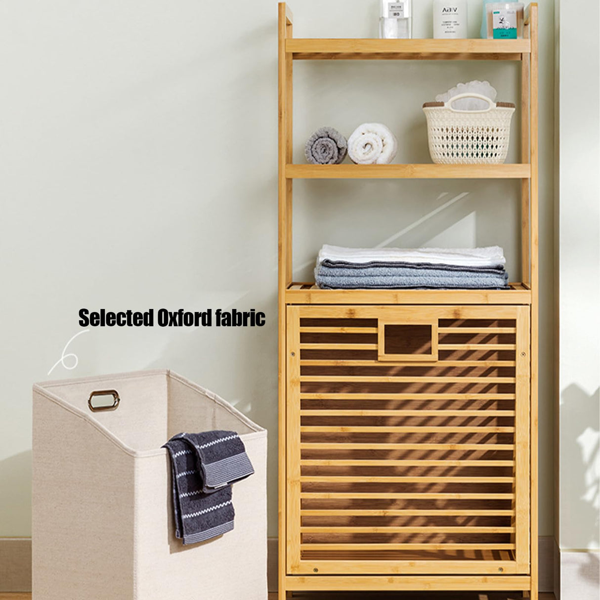Bamboo Tilt-Out Laundry Hamper with Shelf & Removable Liner, 4 Tiers Freestanding Laundry Shelf Bathroom Storage Shelf Cabinet with Storage Basket for Bedroom Bathroom BuufuS