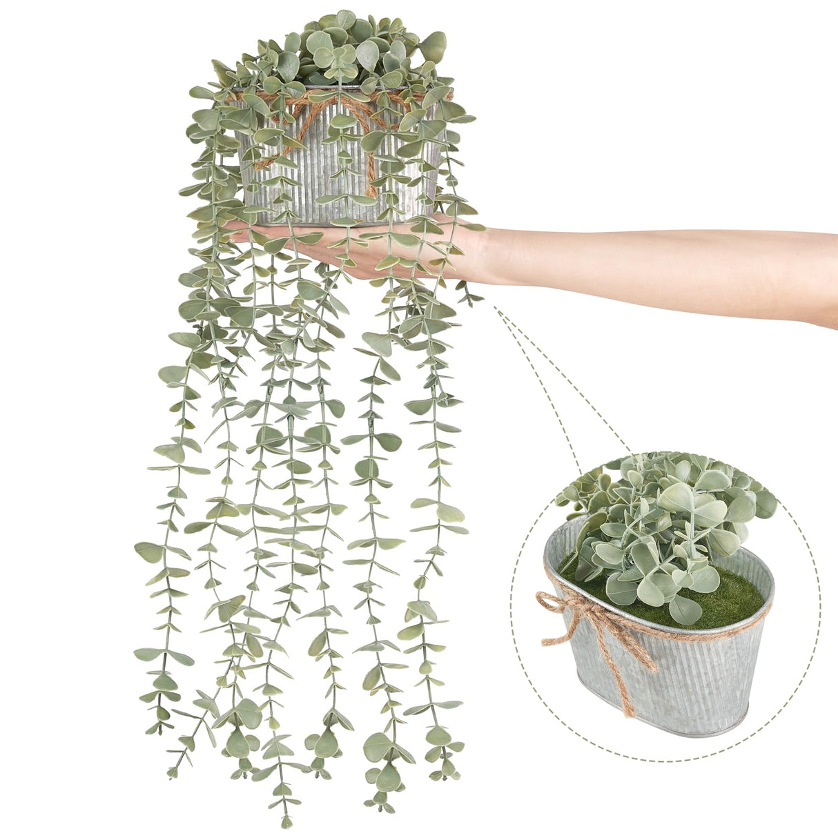 Mkono Fake Hanging Plants in Farmhouse Galvanized Pots Rustic Faux Potted Eucalyptus Greenery Indoor Artificial Plants for Book Shelf Mantel Living Room Bathroom Bedroom Home Office Decor Mkono