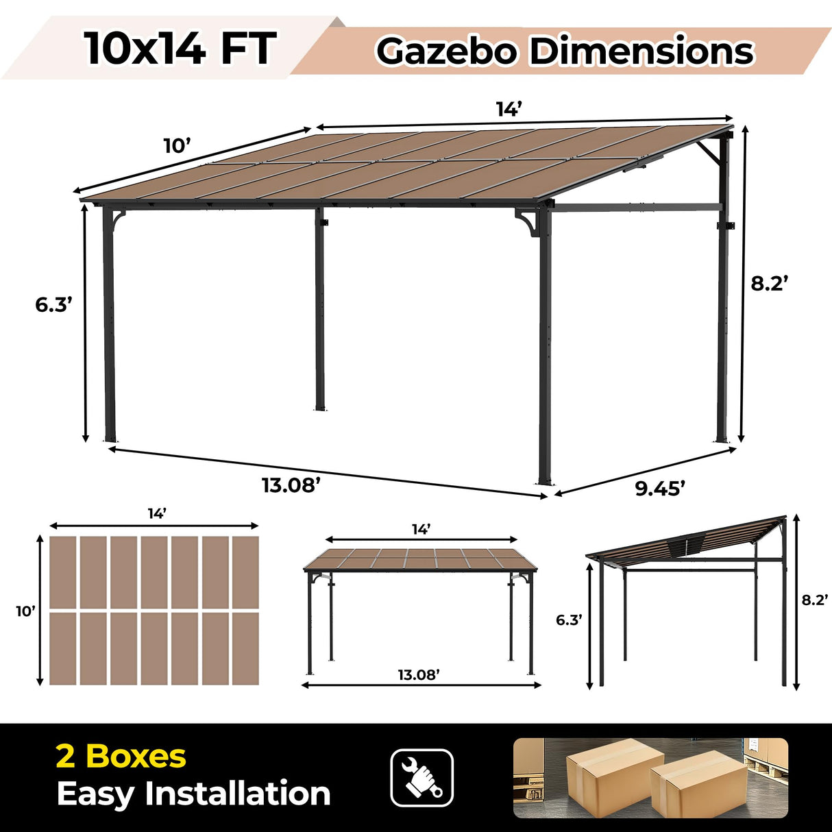 10’ x 14’ Gazebo Pergola Awnings for Patio, Wall Mounted Gazebos Pergola on Clearance with Metal Frame, Lean to Gazebo Patio Canopy Outdoor Pergolas for Patios, Deck, Porch, Backyard CABIHOME
