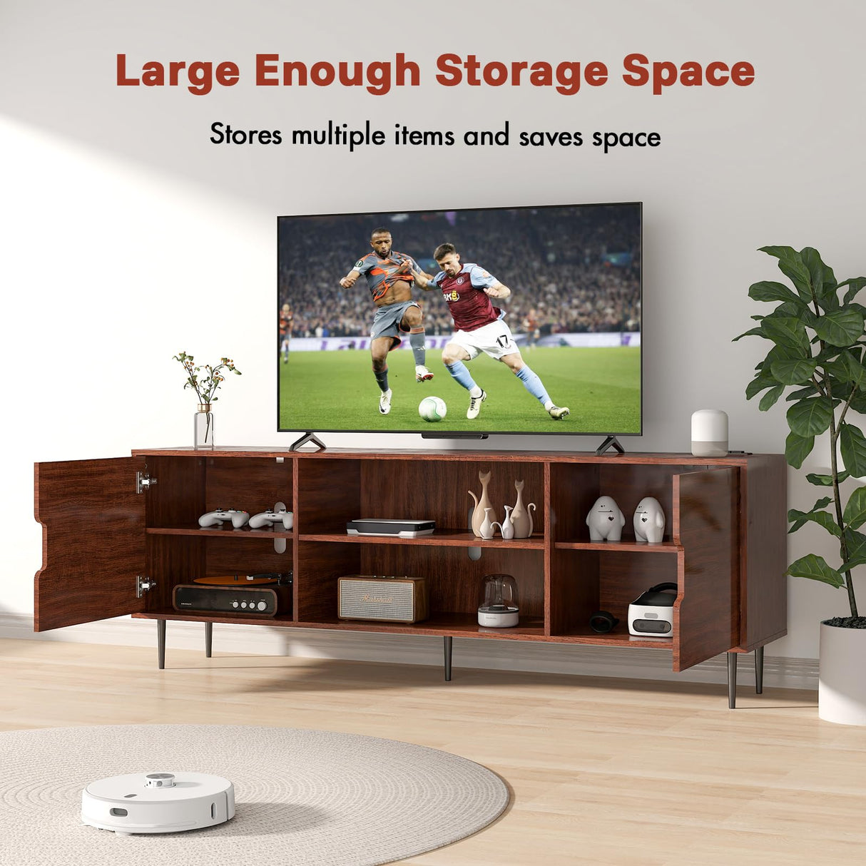 Redkey TV-Stand for Living Room - Mid Century Modern TV Stand with 3AC Outlets, Farmhouse Television Stands for 70 75 80 Inch TVs - Adjustable Shelf Height - Large Space Capacity - Reddish Brown Redkey