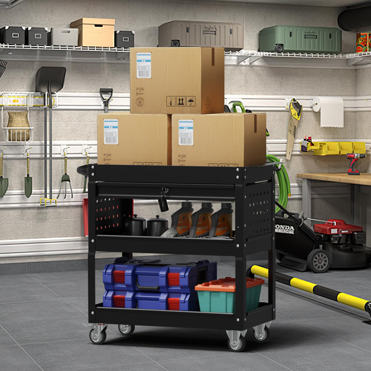 Granper 3 Tier Rolling Storage Cart, Heavy Duty Utility Industrial Service Cart on Wheels, Metal Tool Cart with Locked Drawers, Ideal for Garage, Warehouse and Repair Shop(Black) Granper