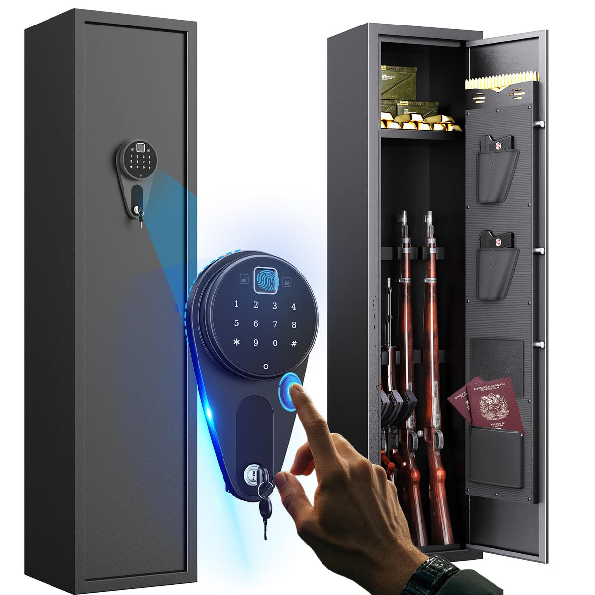 6 Gun Safe for Rifles and Pistols No Assembly Required With 3 Pistol Pouches for Home Security Quick Access via Biometric Lock Gun Safes with Adjustable Gun Rack for Shotguns (52"H x 11"D x 12"W) AOJUFEO