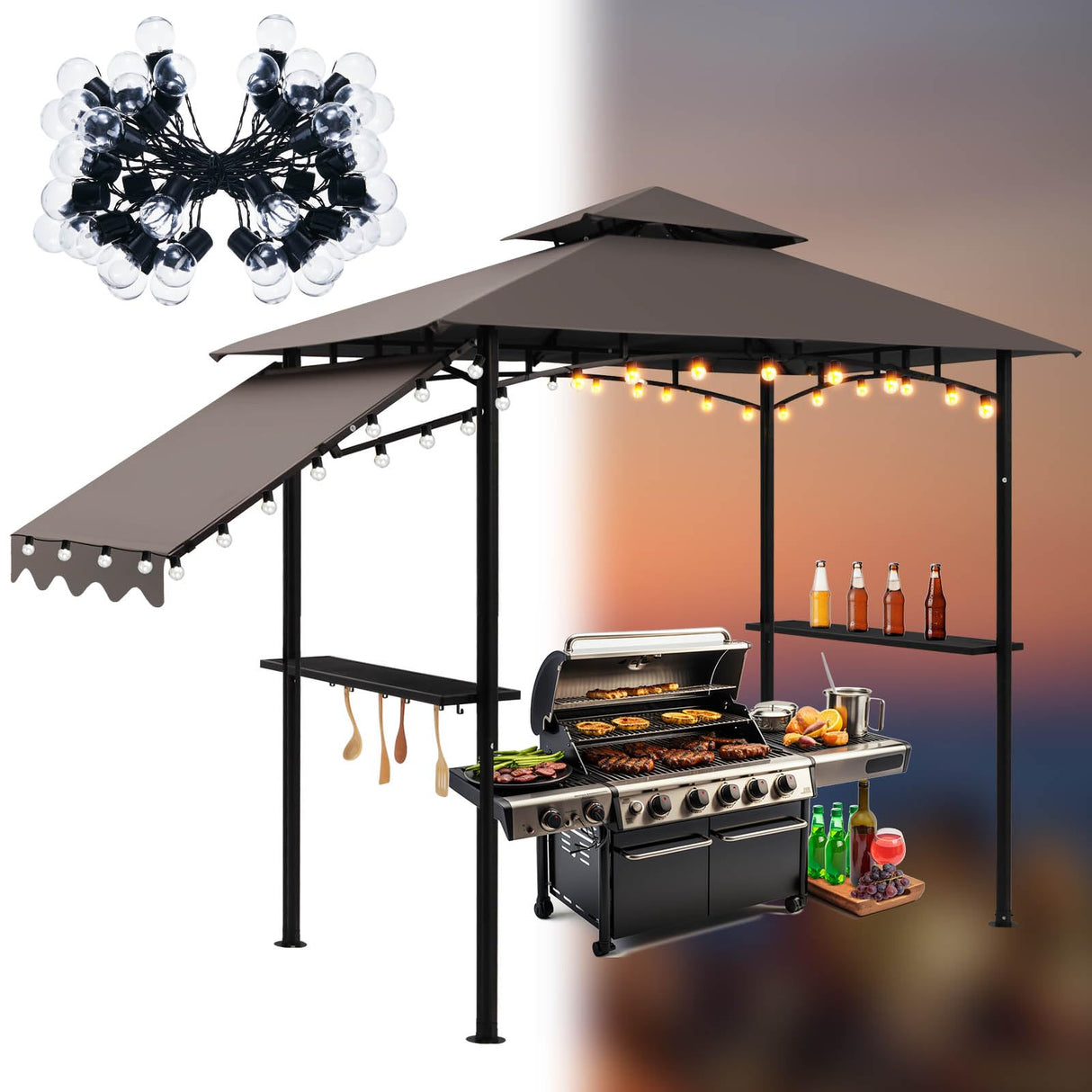 Burbell 5 x 11'grill Gazebo with Extra Shadow with 33ft Outdoor String Lights, Outdoor BBQ Grill Canopy with Extra Side Awnings and LED Lights with 40 Bulbs Waterproof for Patio Party Backyard (Brown) Burbell