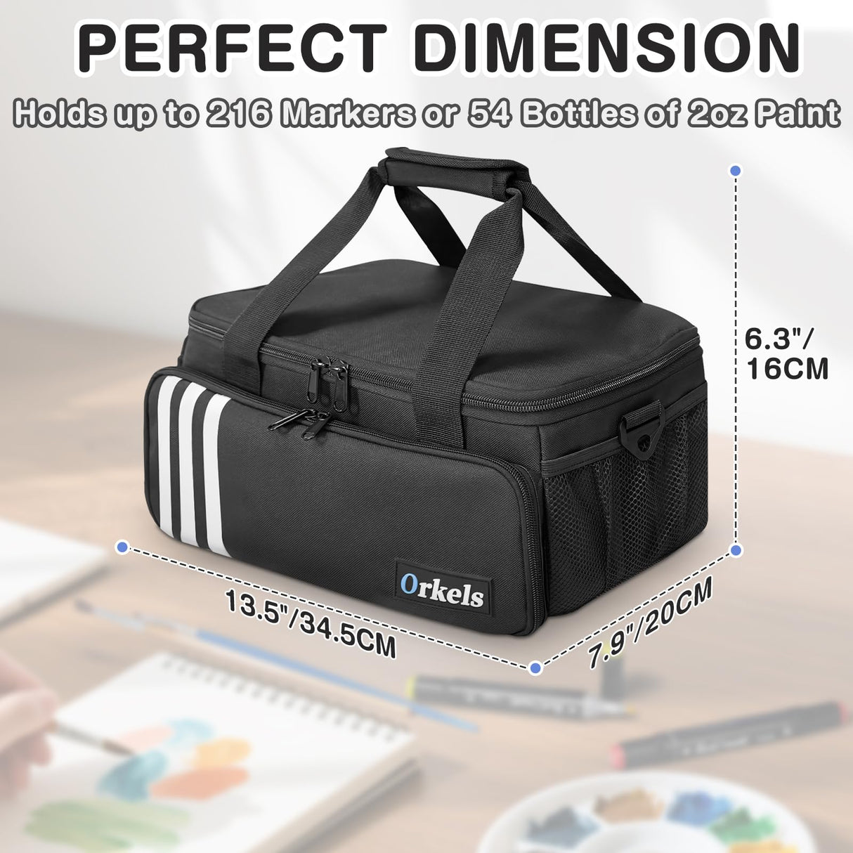 ORKELS Craft Paint and Marker Organizer, Acrylic Paint Storage Bag with Brush and Bottle Holders, Large Marker Carrying Case for Artists (Black) ORKELS