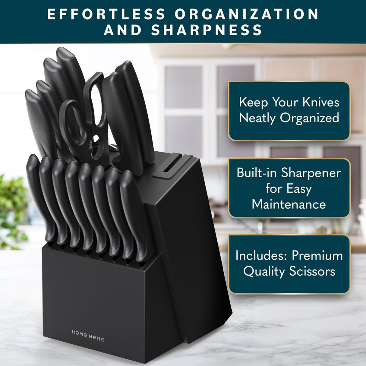 Home Hero Kitchen Knife Set with Sharpener - High Carbon Stainless Steel Knife Block Set with Ergonomic Handles (16 Pcs - Black) Home Hero