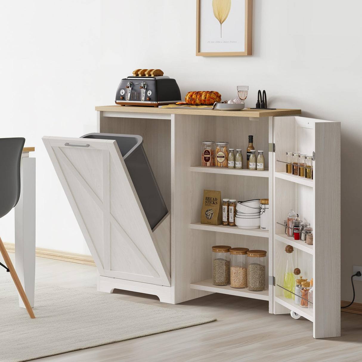 DWVO 13 Gallon Tilt Out Trash Bin Cabinet with Outlet Adjustable Shelves, Kitchen Pantry Storage Cabinet with Garbage Bin Tilt Out Laundry Hamper for Kitchen, 39.4” W x 14” D x 36.8” H Off White DWVO