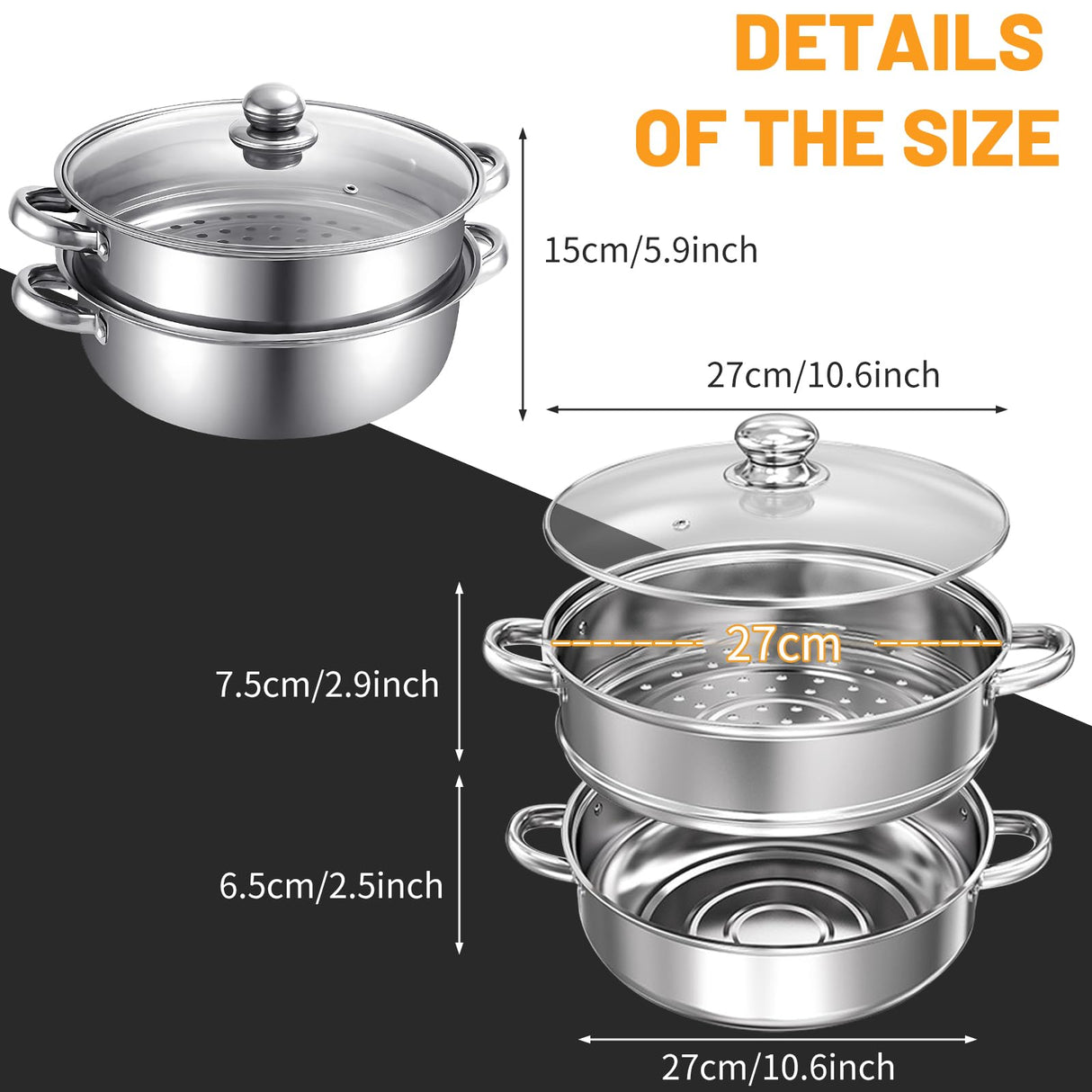 Steamer Pot Stainless Steel 2 Tier - 28cm Steamer Pot w/Glass Lid Food Veg Cooker Pot Cooking Pan Steaming Pot Dim Sum Cookware Steamer For Kitcken Cooking Tool LTWQLing