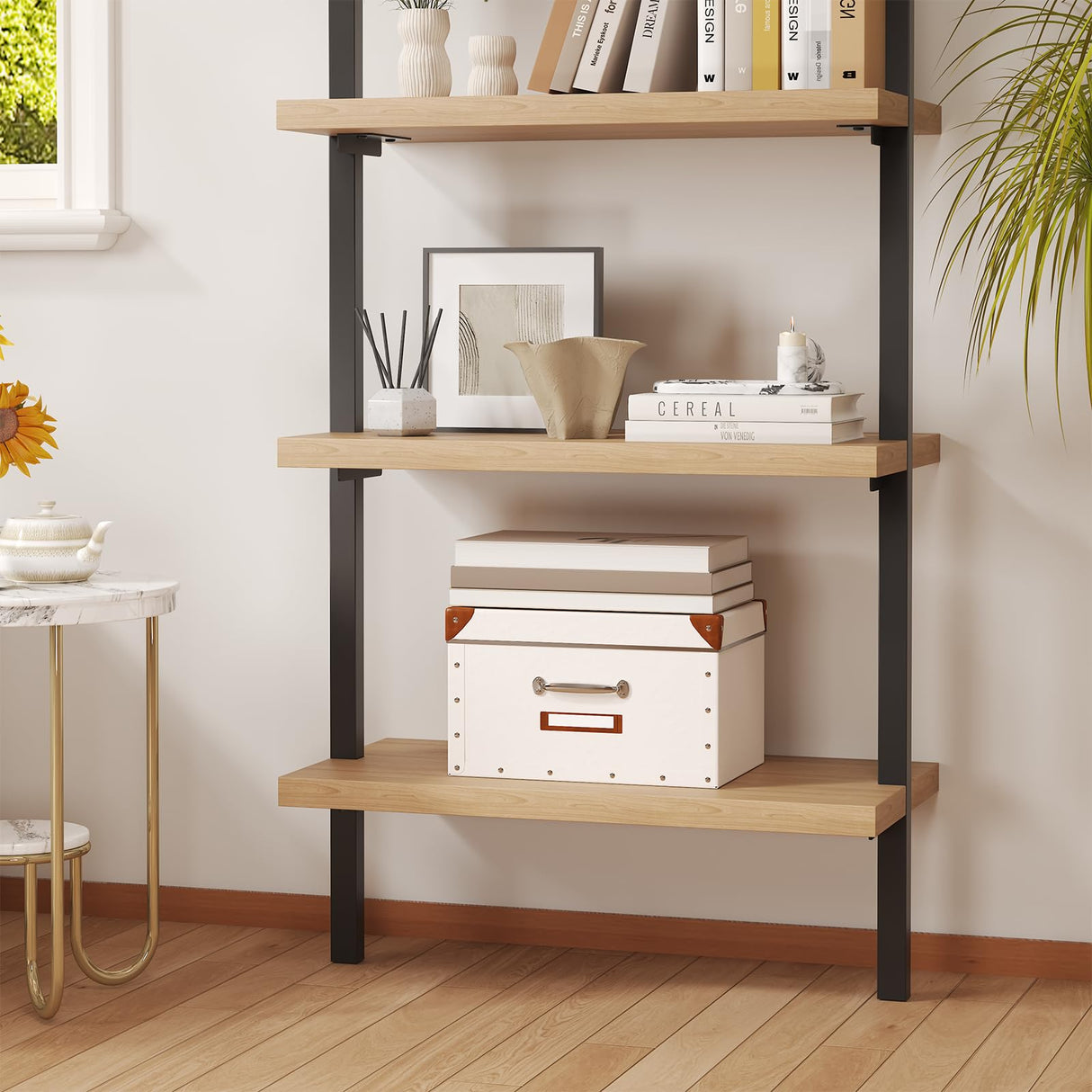 Airynee Ladder Bookshelf, 5 Tier Book Shelf, Wall Mount Bookshelves and Bookcases with Metal Frame, Anti Dump, Tall Bookcase for Living Room, Home Office, Bedroom Oak 2pcs Airynee