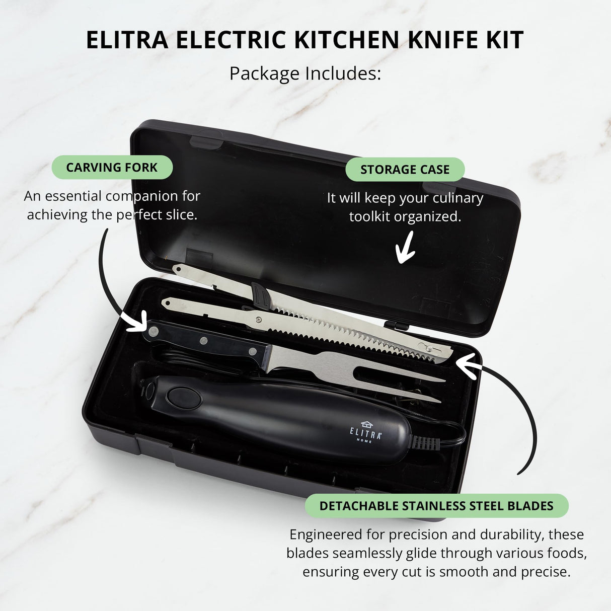 ELITRA HOME Professional Grade Electric Knife | Easy Slice Electric Kitchen Knife For Carving Meats, Bread, Turkey, and More | Stainless Steel Serrated Blade, Carving Fork, and Storage Case ELITRA HOME