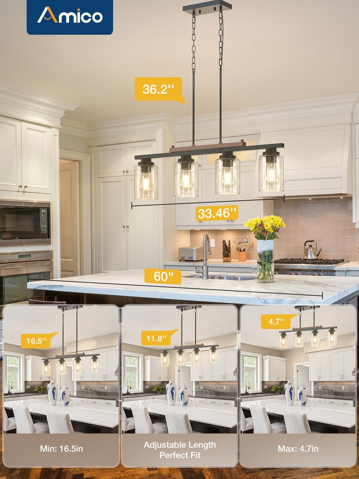 Amico Dining Room Light Fixture 4-Light Kitchen Island Lighting with Adjustable Rods, Farmhouse Decor Black Metal & Wood Chandelier with Seeded Glass Shade, Island Lights for Kitchen Amico