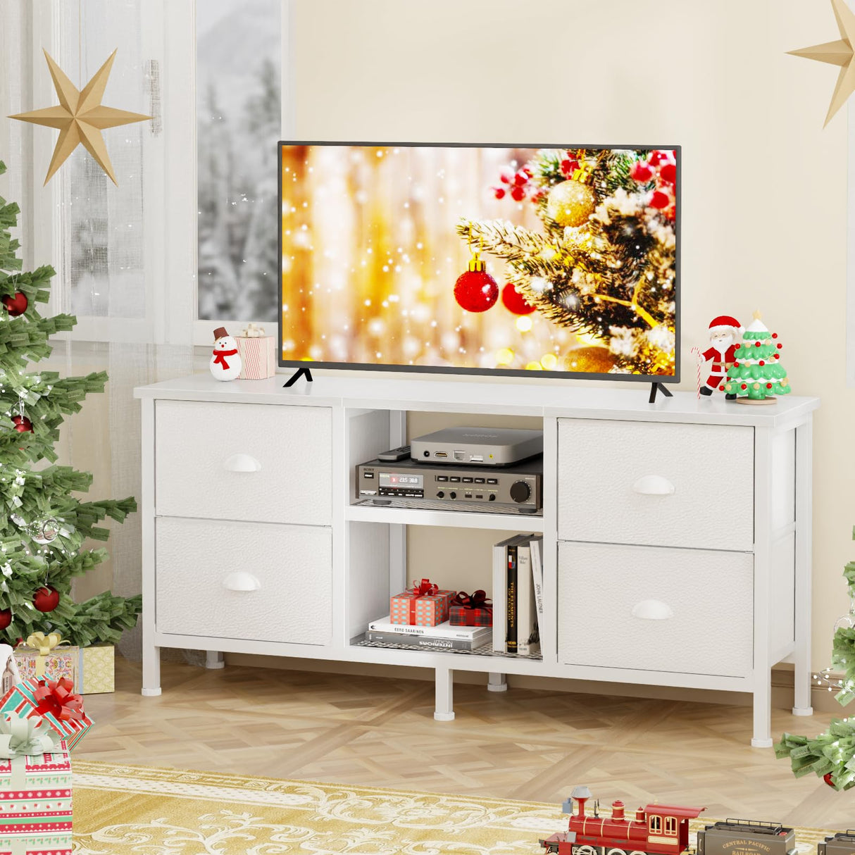 Furologee TV Stand Dresser with 4 Drawers, Entertainment Center with Open Shelf, Small TV Console Table for 50" TV, Media Center for Bedroom, Living Room/White Furologee