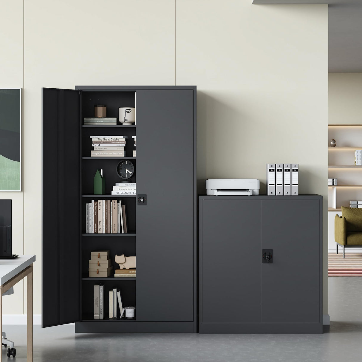 RAVIGIN Metal Garage Storage Cabinet with Lock, 71" Locking Tool Cabinet with 2 Doors and 5 Adjustable Shelves, Tall Steel Cabinet Garage for Home,Office,Warehouse,School (Black) RAVIGIN