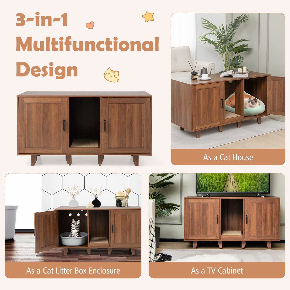 PETSITE Cat Litter Box Enclosure Furniture for 2 Cats, Large Litter Box Cabinet with Scratching Board, and Adjustable Foot Pads, Indoor Cat House TV Stand Side Table, Double Hidden Litter Box PETSITE