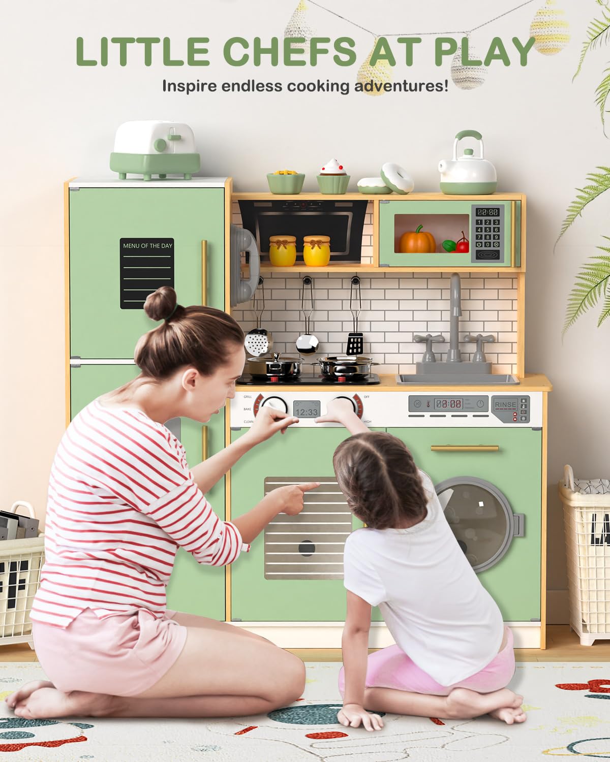 Babytronic Wooden Kitchen Playset for Kids, Interactive Play Kitchen with Lights & Sounds, Children Pretend Toy Kitchen Set with Faucet, Oven, Microwave, Kitchenware for Toddlers Ages 3+ (Green&Wood) Babytronic