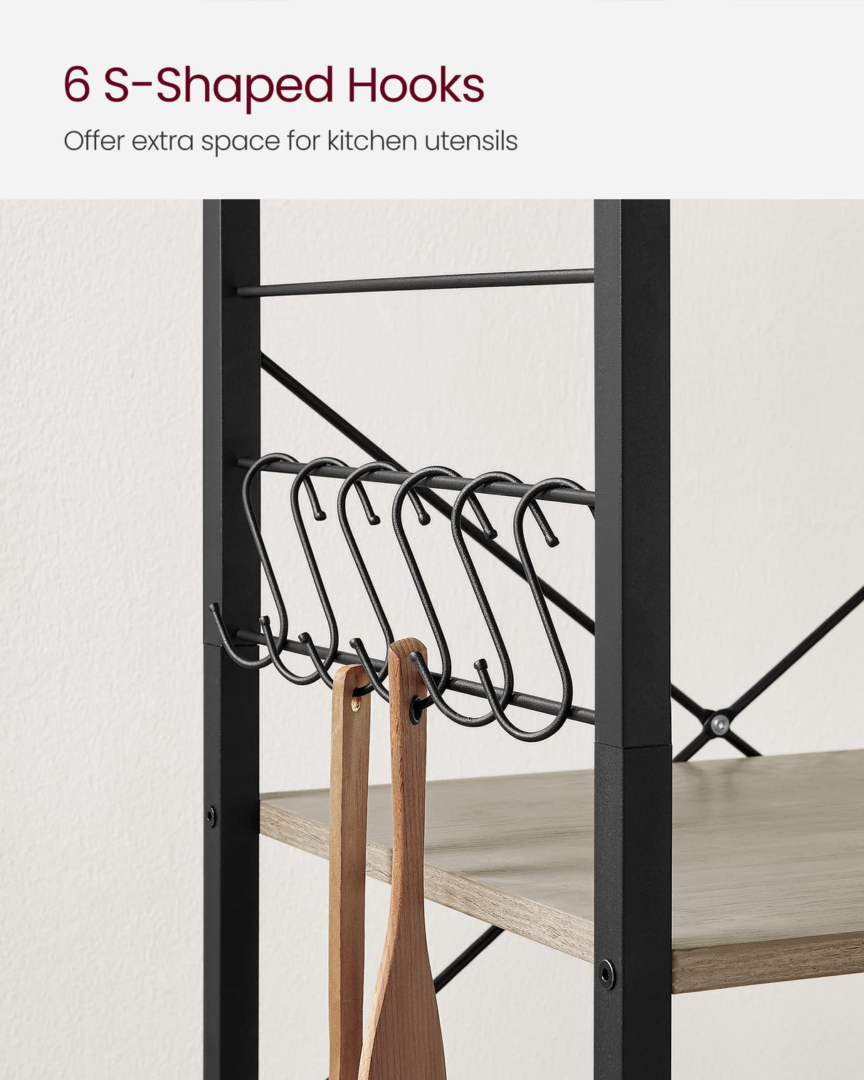 VASAGLE Kitchen Shelf on Wheels, Serving Cart with 3 Shelves, Kitchen Cart, Microwave Shelf, for Mini Oven, Toaster, with 6 Hooks, Industrial Style, Greige and Black UKKS060B02 VASAGLE