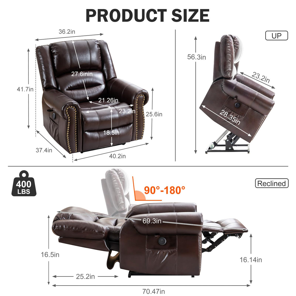 SELLERWE Lay Flat Dual Motor Power Lift Recliner Chair with Massage and Heat for Elderly, Breathable Leather Overstuffed Recliner Chairs, Infinite Position Lift Chairs for Sleeping,1PC,Brown SELLERWE