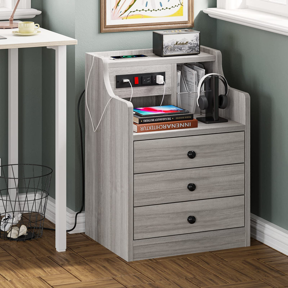 ADORNEVE Nightstand with Charging Station, Night Stand with Hutch & Storage Drawers, End Table Side Table Bedroom,Grey ADORNEVE