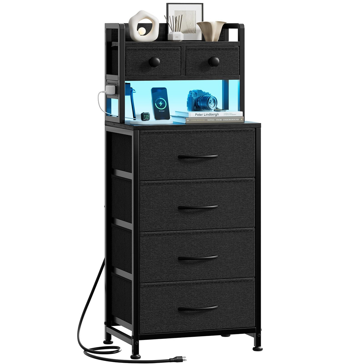 REAHOME 41 Inch Tall Nightstand with Charging Station, LED Night Stand with 6 Fabric Drawers, Bed Side Table with 3-Tier Wood Storage Shelves for Bedroom, Office, Small Spaces, Dark Gray REAHOME