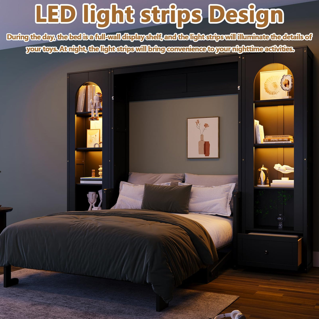 HSUFLWS Queen Size Murphy Bed with Shelves & Cabinets, Foldable Wall Bed with LED Lights, Drawers & Desk, Modern Space Saving Wooden Bed Frame, 500 lbs Capacity (Black) HSUFLWS