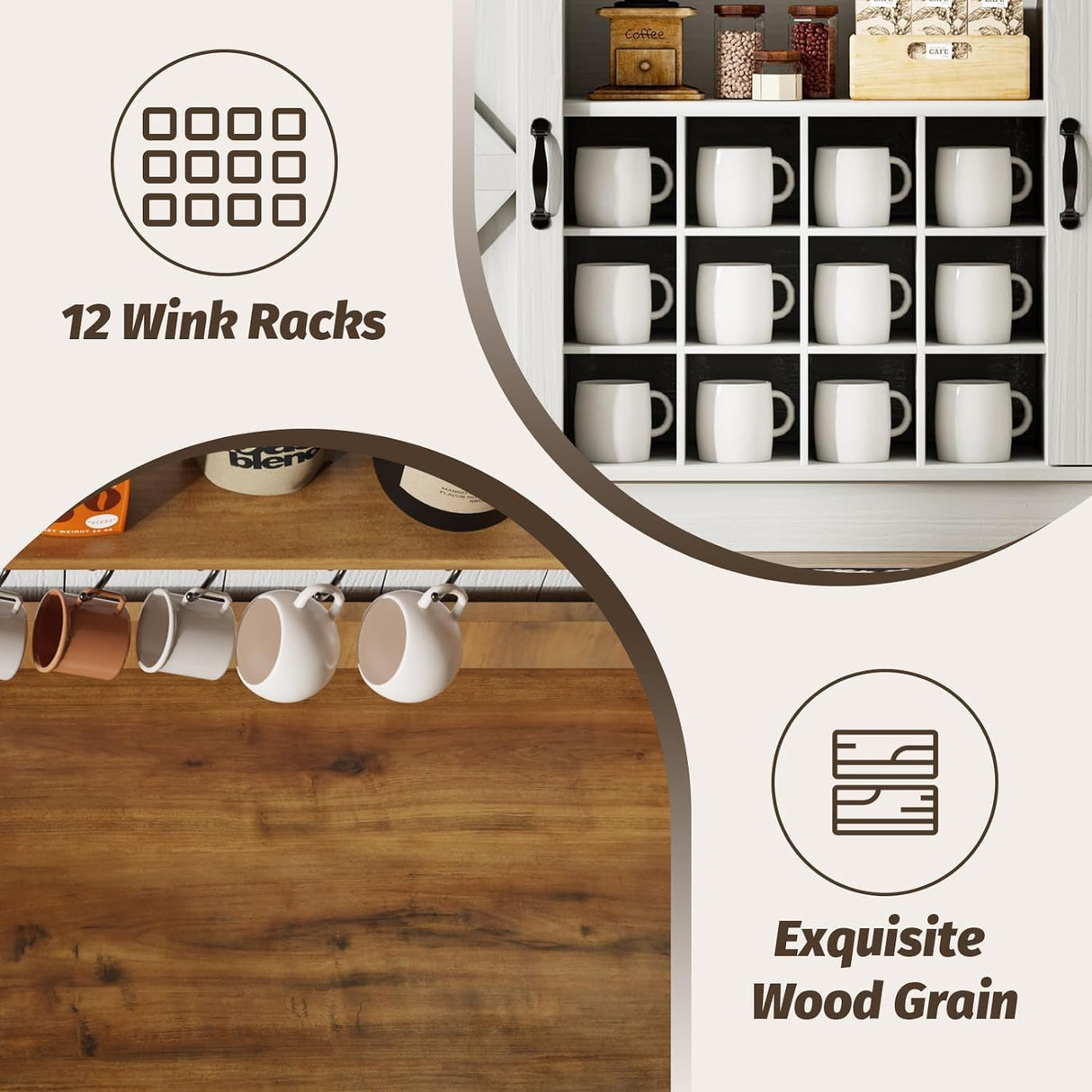 4ever2buy Farmhouse Coffee Bar Cabinet with 8 Hooks, 55 Inch Coffee Bar with Sliding Barn Doors, Tall Hutch Cabinet with Storage, White Coffee Bar with 12 Racks for Living Dining Room 4ever2buy