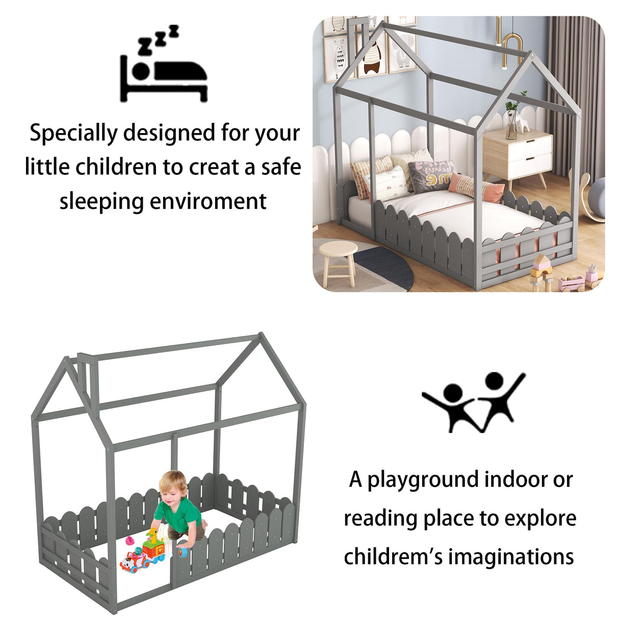 Harper & Bright Designs Grey Twin House Bed Frame with Fence Rails for Kids Harper & Bright Designs