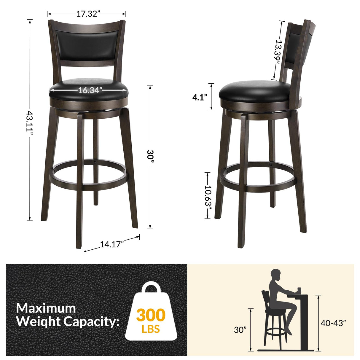 PrimeZone Swivel Bar Stools Set of 2, 30 Inch Bar Height Barstools, Black Faux Leather Bar Stool with High Backrest & Solid Wood Legs & Wrap-Around Footrest, Counter Stools for Kitchen Island, Pub PrimeZone