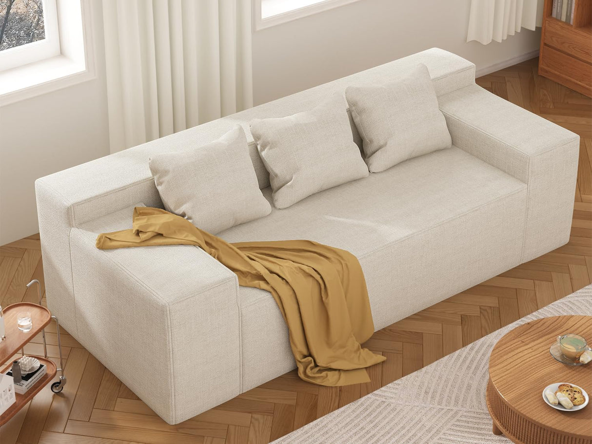 Modern 3-Seater Sofa, Hybrid Sofa in a Box, No Assembly Required, Comfy Sofa Couch with 3 Matching Pillows, Cat-Scratch Resistant Linen, Couch for Living Room or Bedroom, Beige PurrJoys