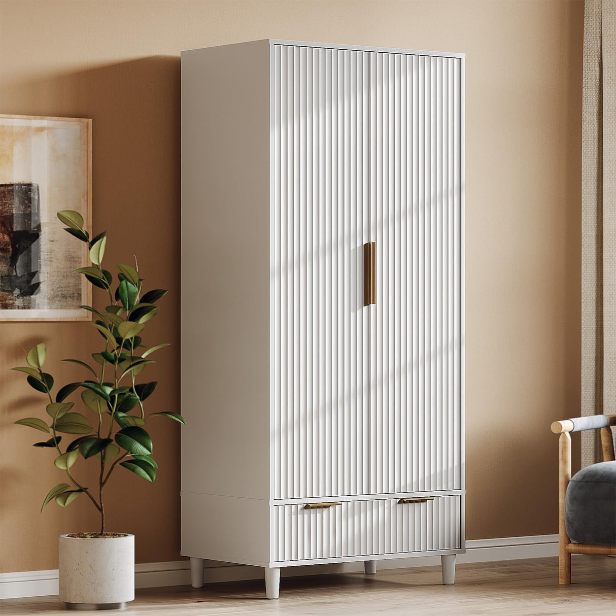 VINGLI Fluted Wardrobe Closet Armoire with Doors And Drawers, White Wardrobe Cabinet with Hanging Rack, Bedroom Closet Wood, Free Standing Armoire with Shelf and Solid Wood Legs, 31.5"W*19.7"D*69.3"H VINGLI